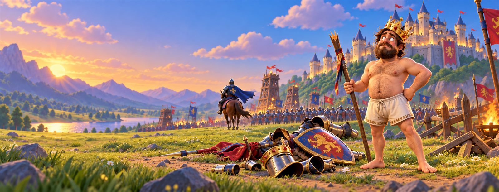 A king starting from scratch: armour off, left in his crown and underwear, with his castle, army and siege towers behind him